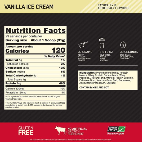 Optimum Nutrition Gold Standard Whey - Vanilla, 2lb, 29 servings - Image 2